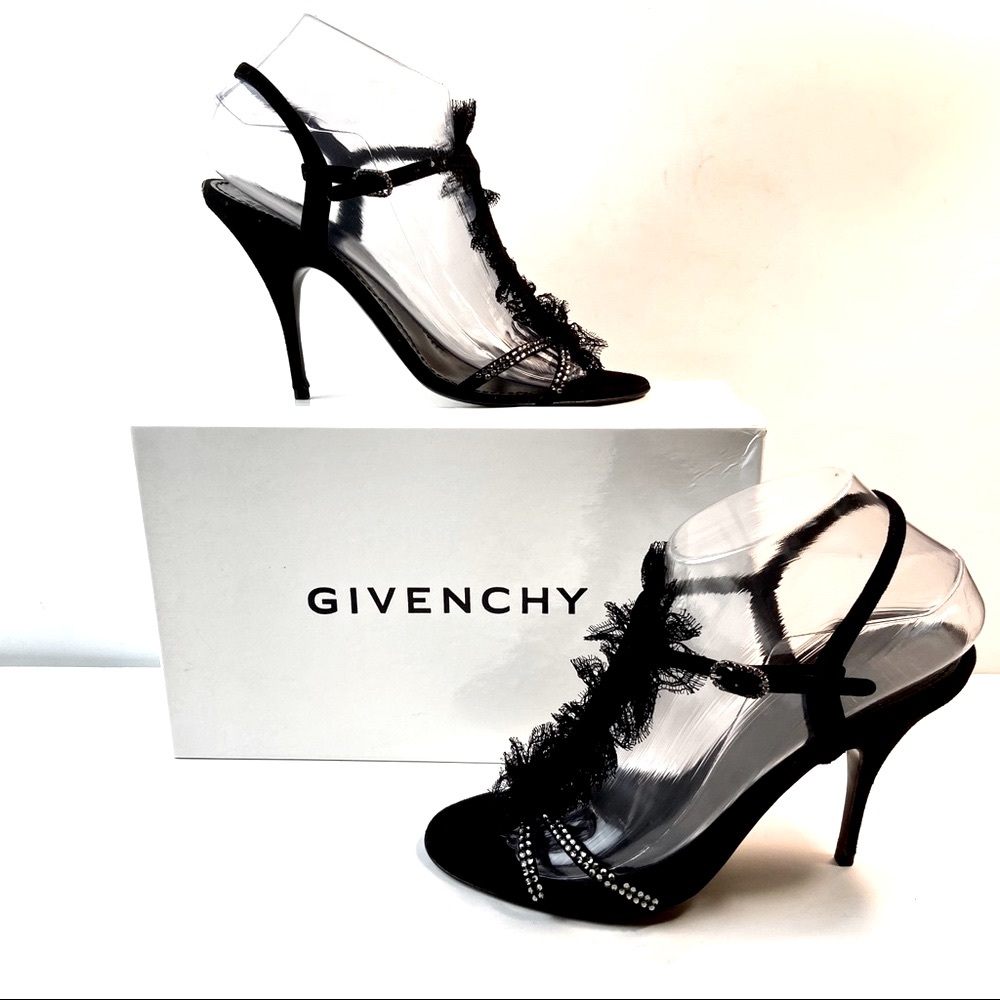 Givenchy black lace heeled sandals rhinestones 38